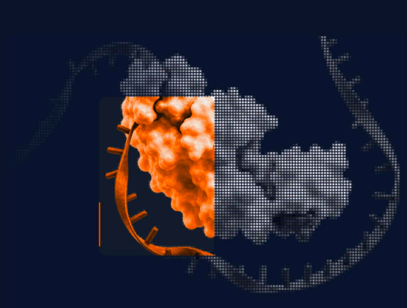 Orange molecular rendering set against a global therapeutic landscape